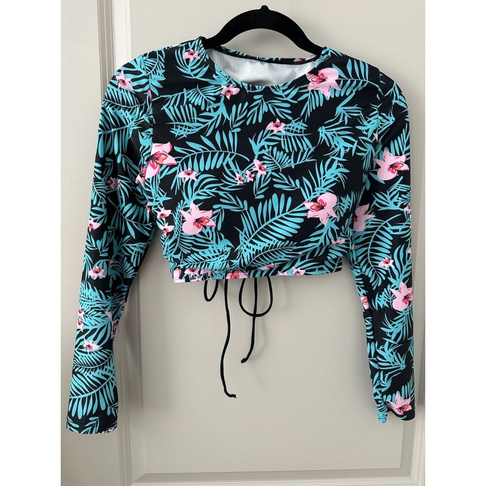 Shein Tropical Padded Swimwear Cropped Long Sleeve Rashguard Women's Sz Large